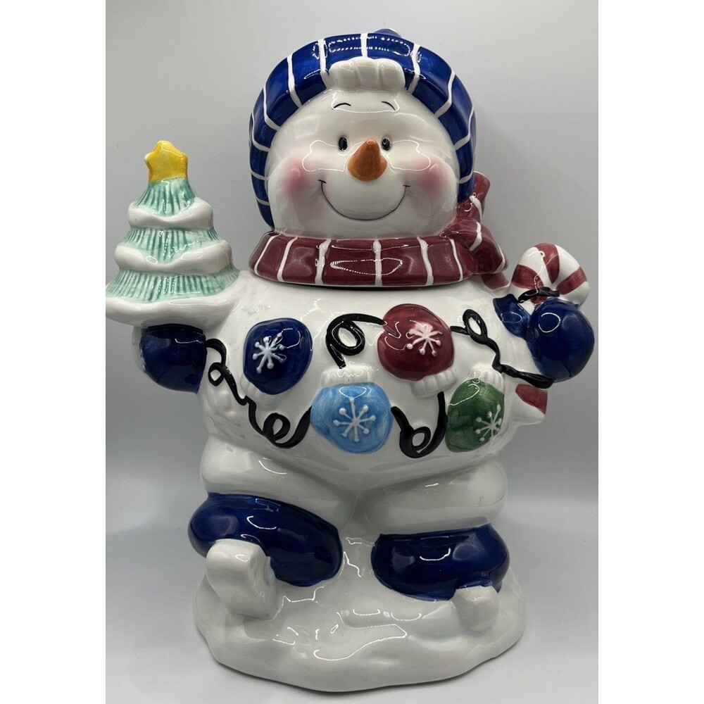 SNOWMAN Blue Willow Hat Candy Swag Peppermint Snowflake Cookie Jar 13 x 10in